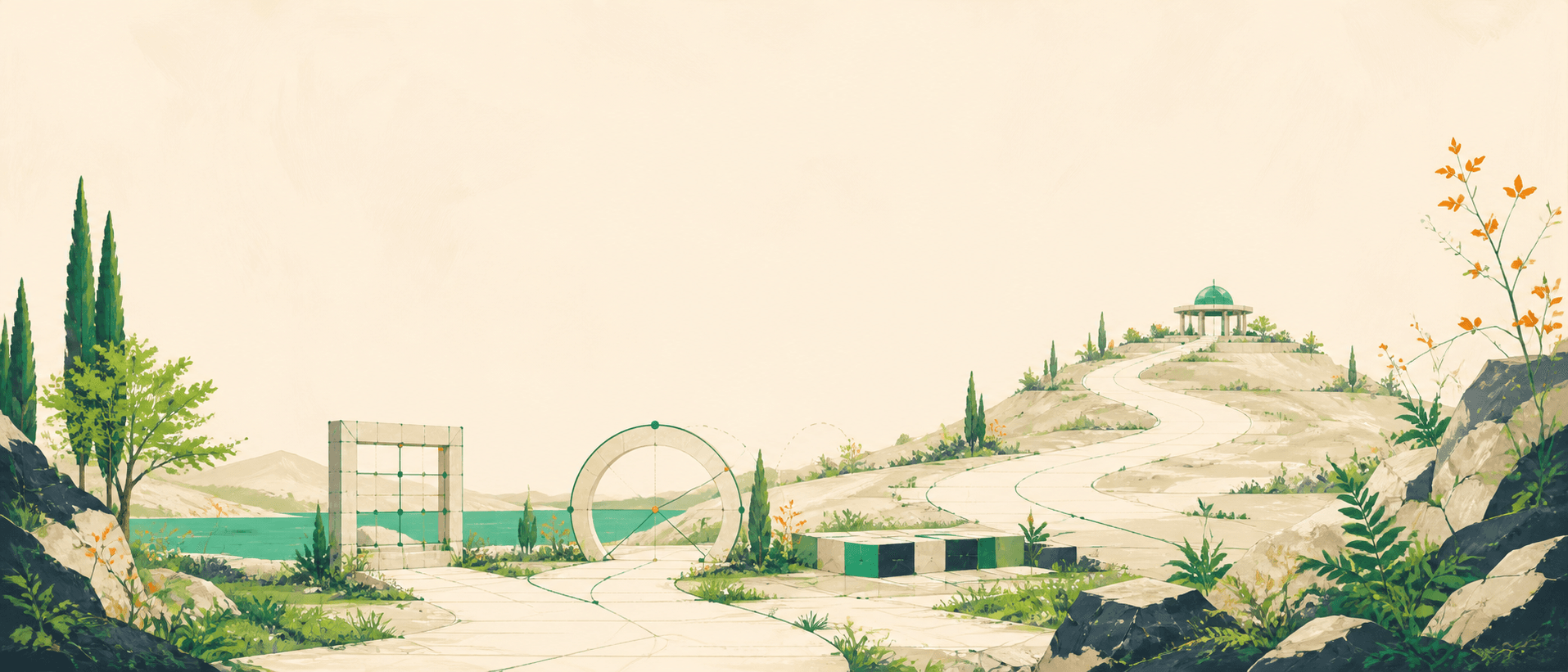 A geometric learning path crossing a bright landscape toward an open research pavilion.