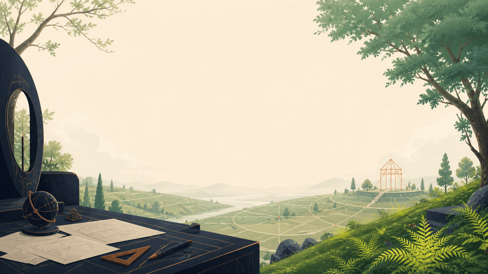 An open mathematics study observatory overlooking a landscape of geometric paths.